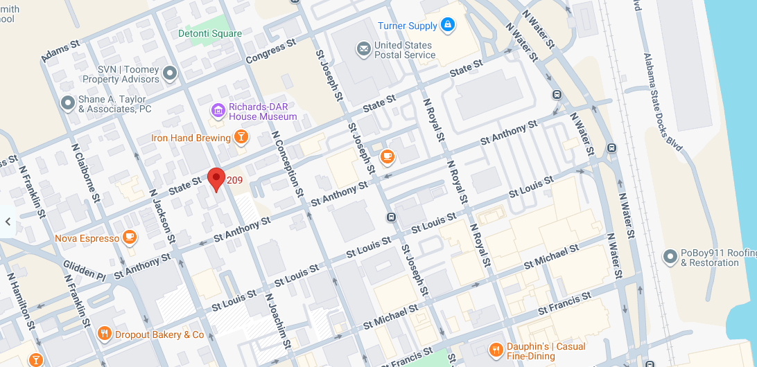 Google Maps view showing 209 N. Joachim Street in downtown Mobile