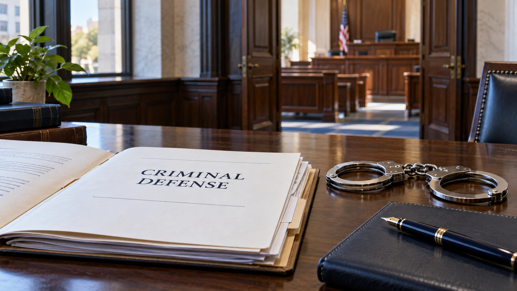 Illustration of a criminal defense case file and open handcuffs