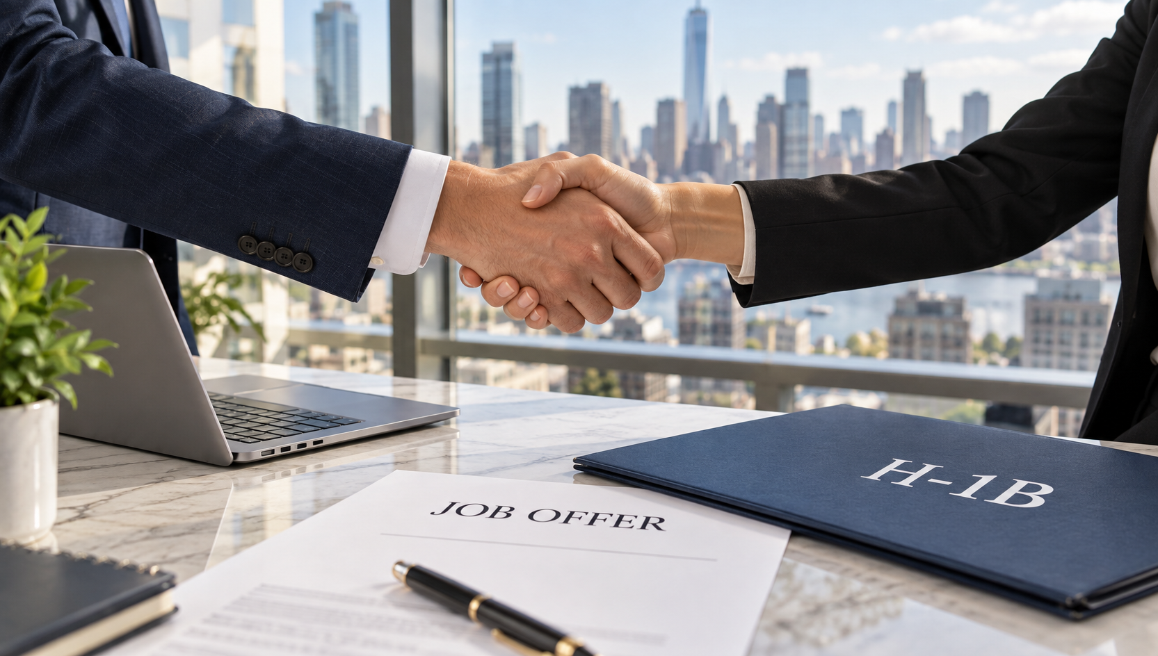 Illustration of a business handshake over a job offer and H-1B folder