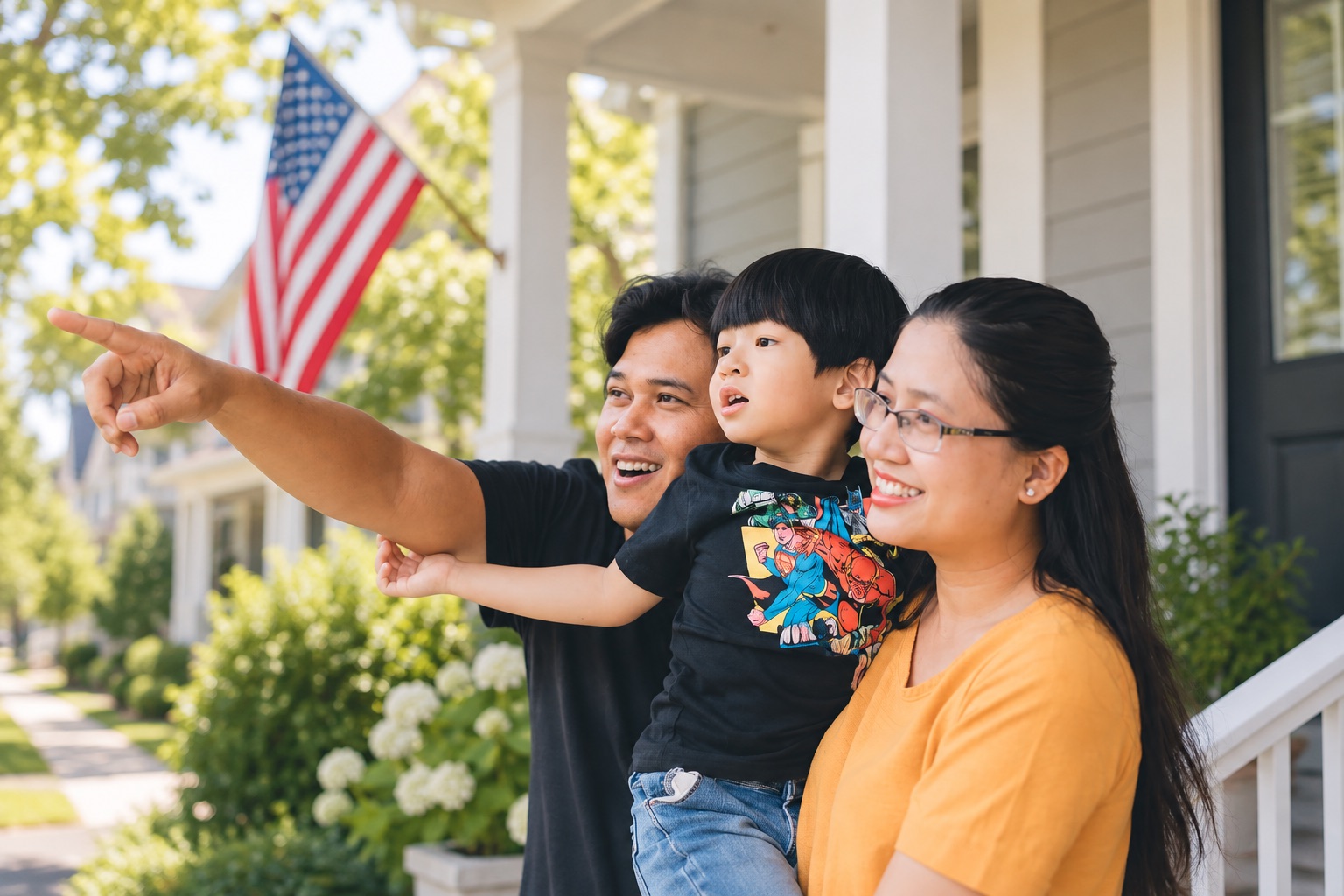 Family looking toward their neighborhood beside an American flag