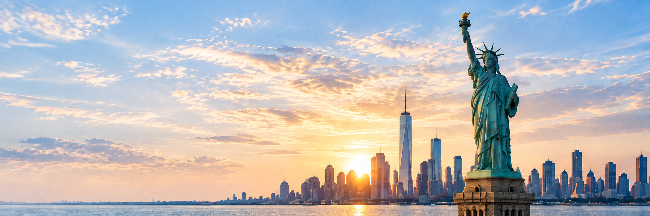 Statue of Liberty and the New York skyline at sunrise