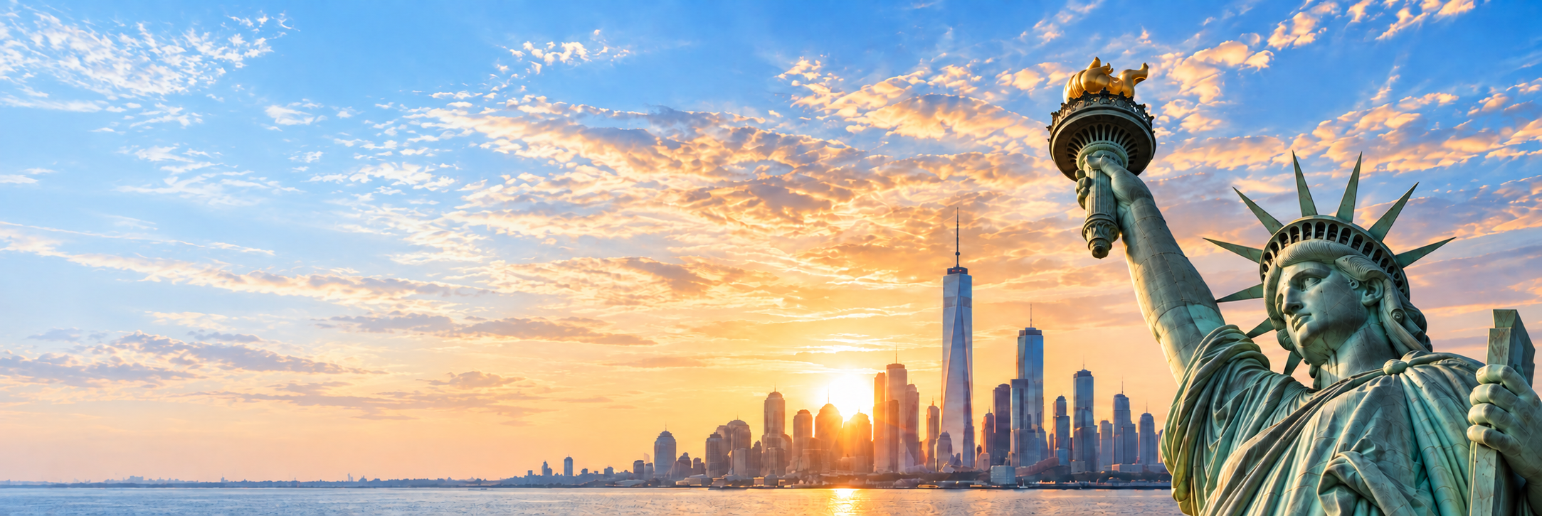 Low-angle Statue of Liberty with the New York skyline at sunrise