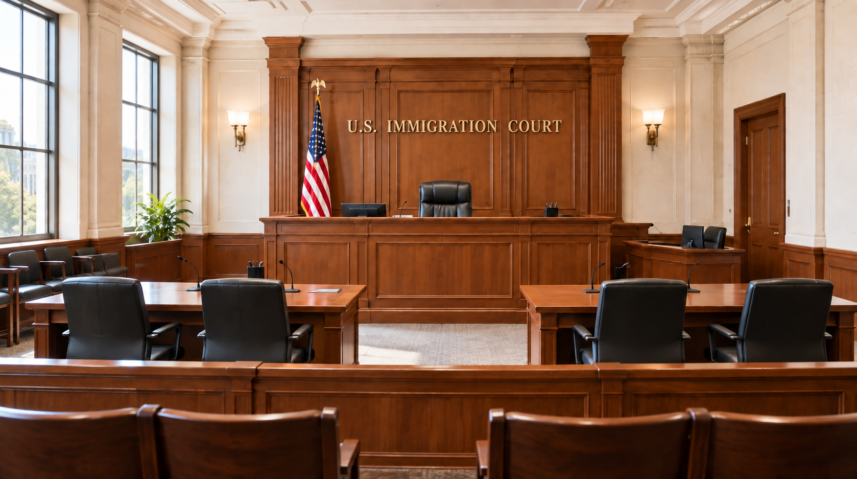 Illustrative courtroom with U.S. Immigration Court sign